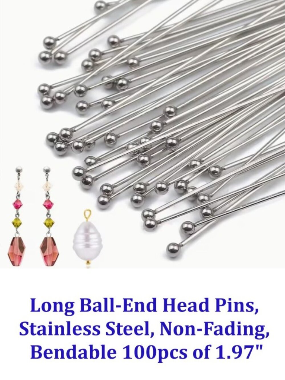 Long Ball-End Head Pins, Stainless Steel, Non-Fading, Bendable 100pcs of 1.97"